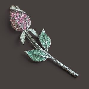 Vintage KJL Kenneth Jay Lane Rose Brooch Pink Green Rhinestone Flower Pin 3.5"